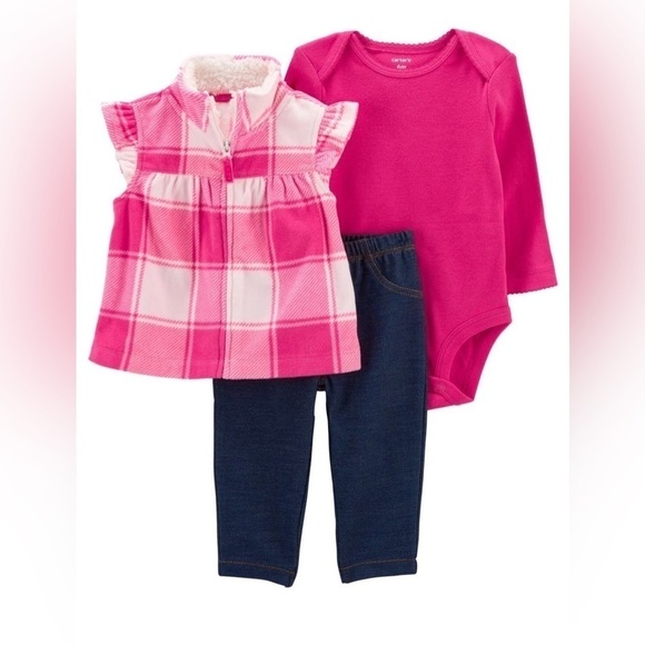 CARTERS Barbie Pink Baby Girl 3-Piece  Little Vest Jeans Set Valentines Day - Picture 4 of 11